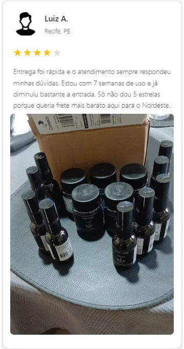 Avaliação citando entrega rápida, atendimento que responde e melhora percebida após semanas de uso